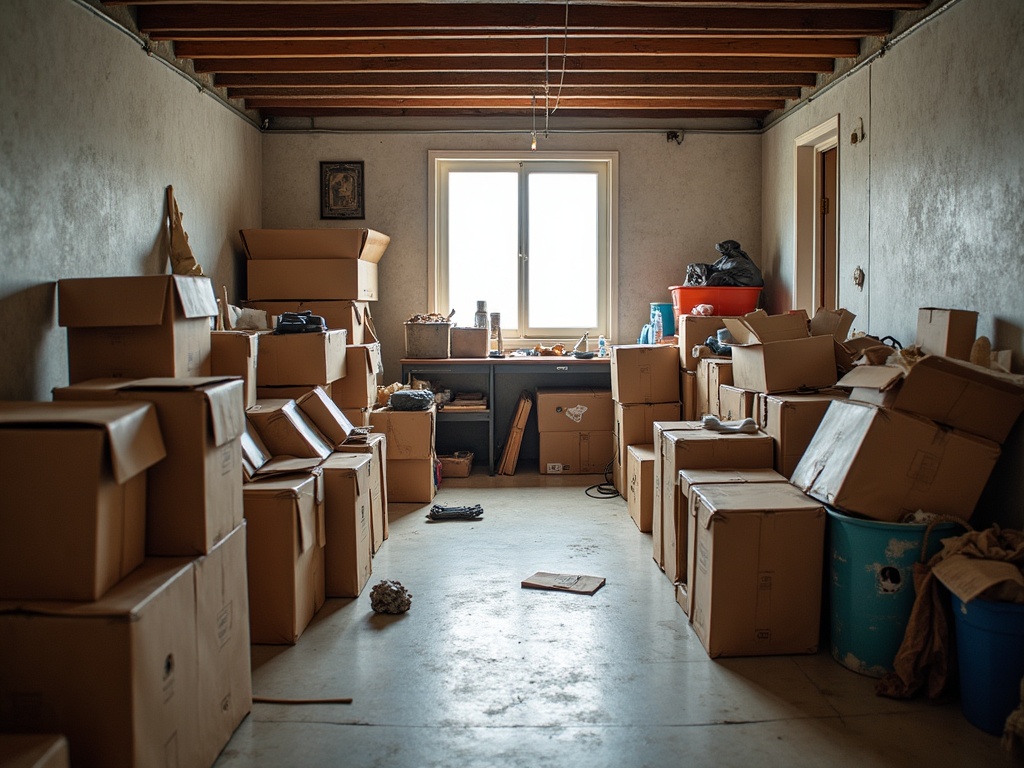 A basement packed with old furniture and boxes before a cleanout