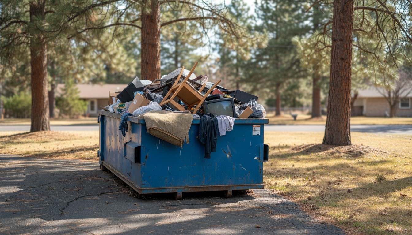 A roll-off dumpster placed on a Spokane driveway, illustrative example
