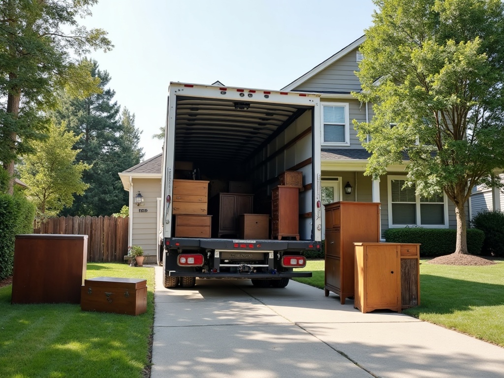 A crew loading household junk into a box truck in a Spokane driveway
